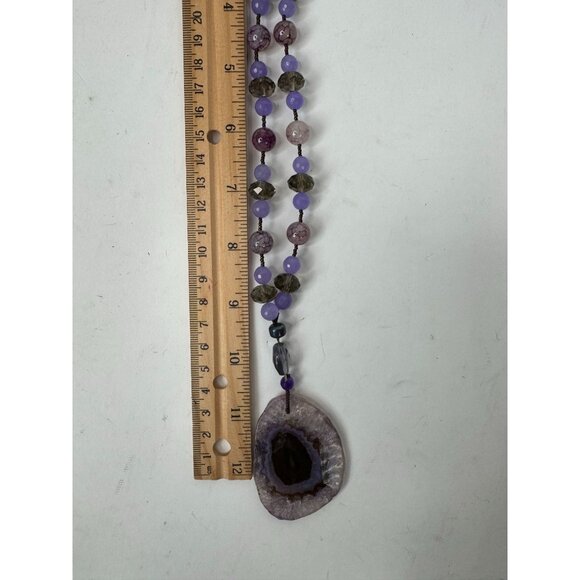 Dyed Agate Pendant Necklace With Beads & Large Purple Stone 13" Long Unique Boho - Picture 12 of 15